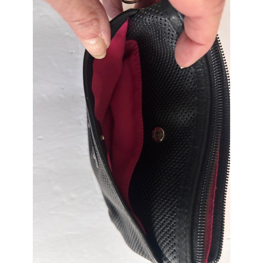 Stone Mountain Black Perforated Leather Wristlet Pouch Pink Lining